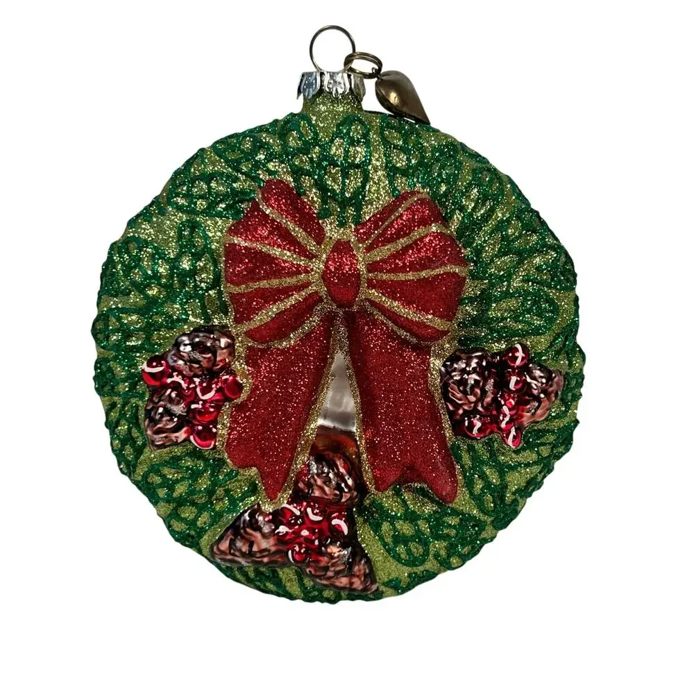 Valerie Parr Hill Hanging Wreath Christmas Glass Ornament w/Gold Metal Stand